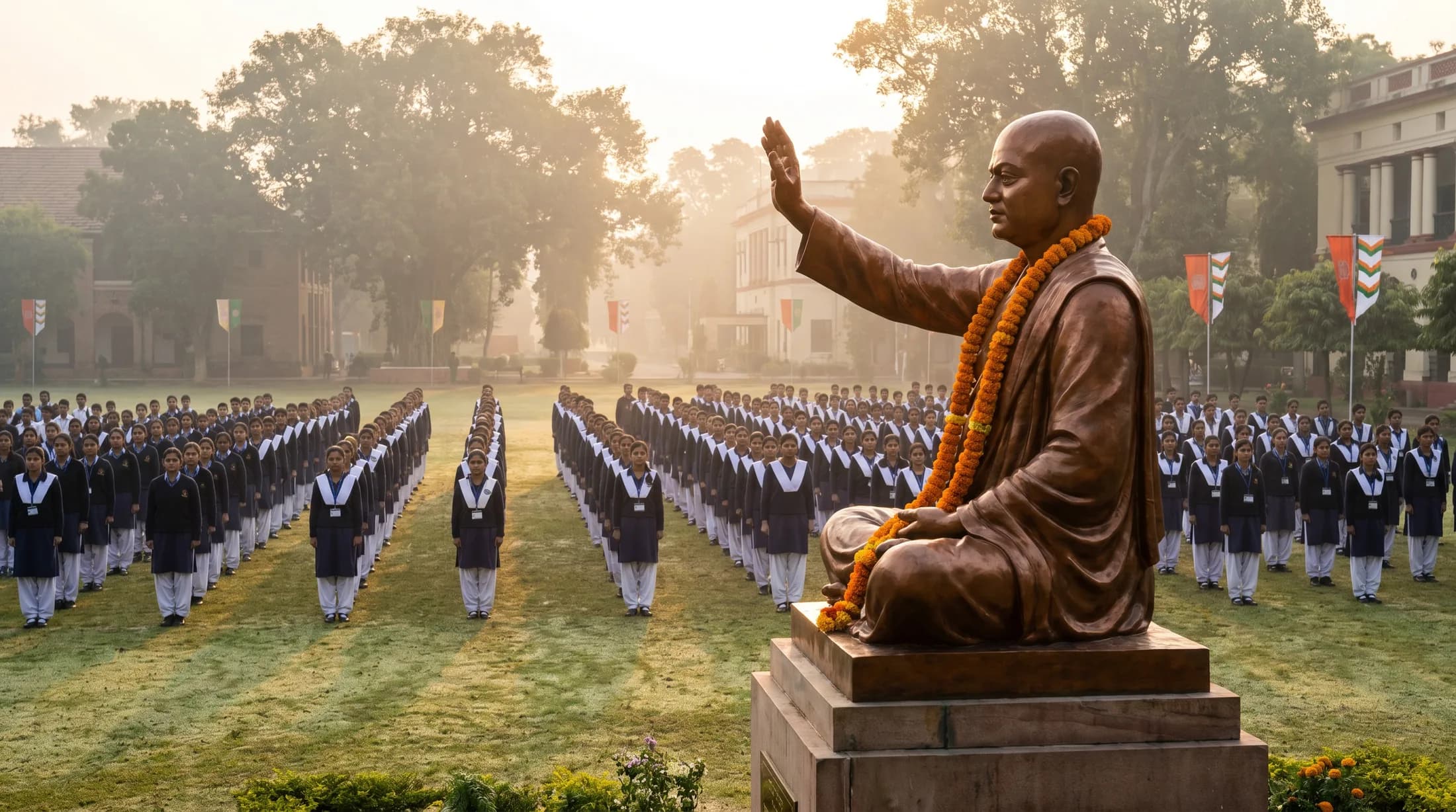 Morning assembly at Ranjan Debnath Saraswati Sishu Mandir campus at sunrise